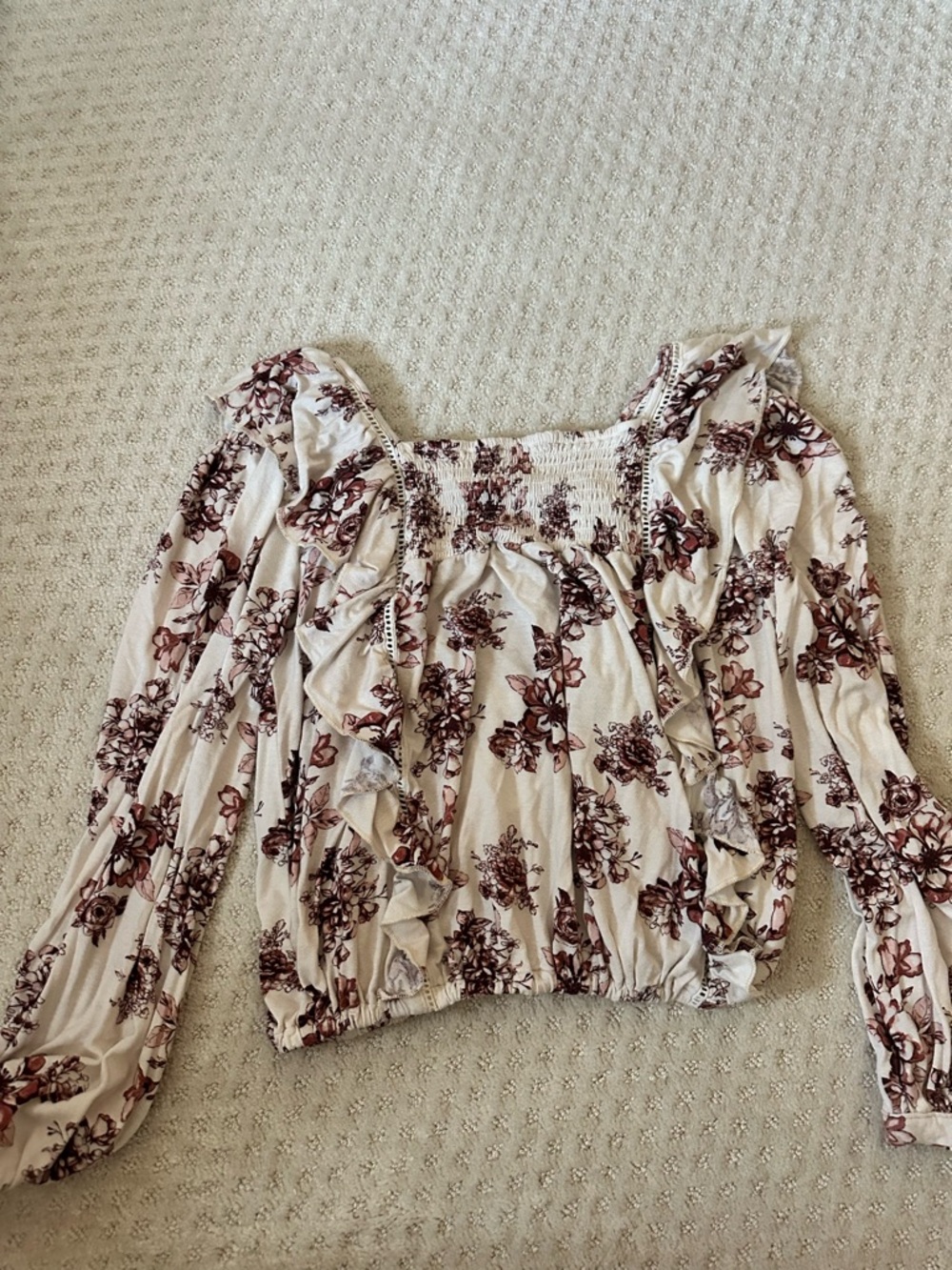 Floral Ruffle Smocked Peasant Top - Cream with Burgundy Floral